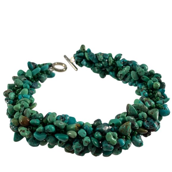 Faux Turquoise Bracelet Chip Seed Bead Twisted Look 9" Long Green Toggle Clasp - Picture 1 of 4